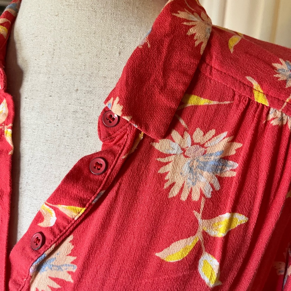 Free People Ruthie Floral Print Long Sleeve Mini Shirtdress in Coral - Picture 9 of 9